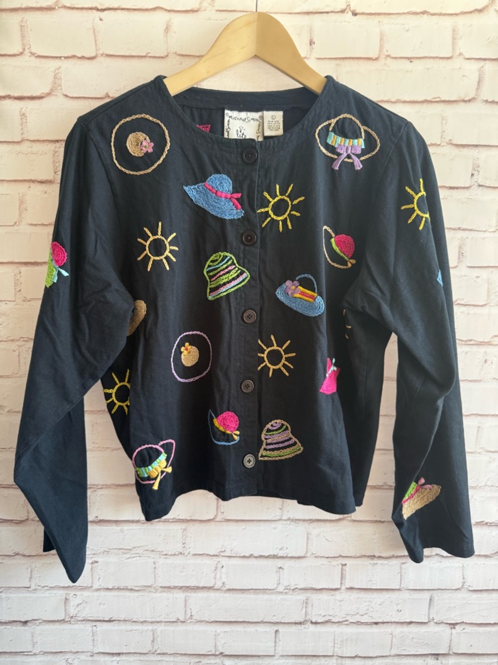 Michael Simon Black Button-Front Cardigan with Colorful Hat & Sun Embroidery